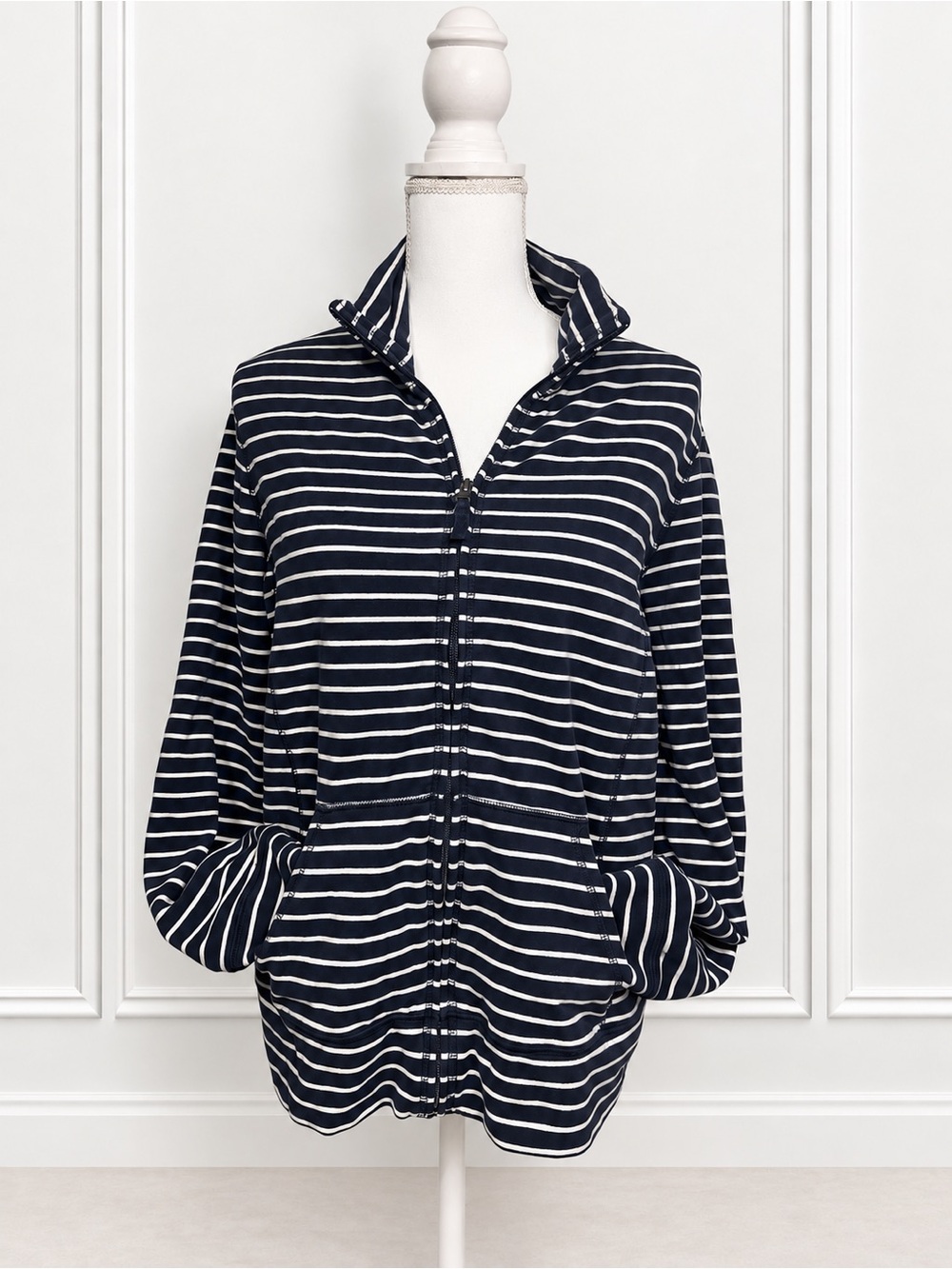 L.L.Bean Ultrasoft Sweats Full Zip Mock Neck Jacket Navy Stripe Women’s L